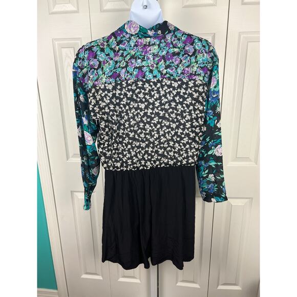 90s chiffon floral patchwork polka dot romper set long sleeve XL Black Blue - Picture 7 of 8